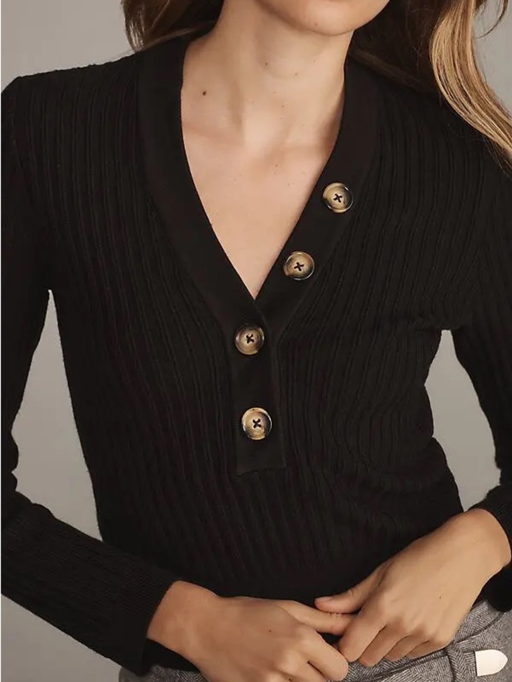 Pilcro The Kassidy Deep Black Ribbed V-Neck Sweater with Button Detail XL